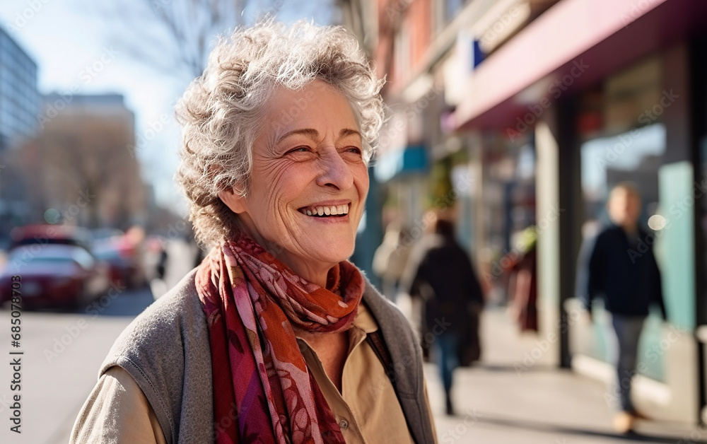 A pretty adorable lady pensioner walks around the city on a bright spring day. Smiling senior woman walking outdoors in the spring city. A pretty adorable lady pensioner walks around the city on a bright spring day. Smiling senior woman walking outdoors in the spring city.