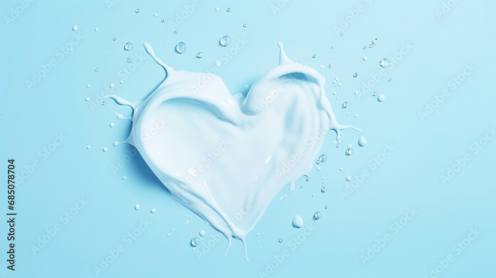 White heart made of cream and water splashes on a light blue background. Cosmetic love concept. Generative AI