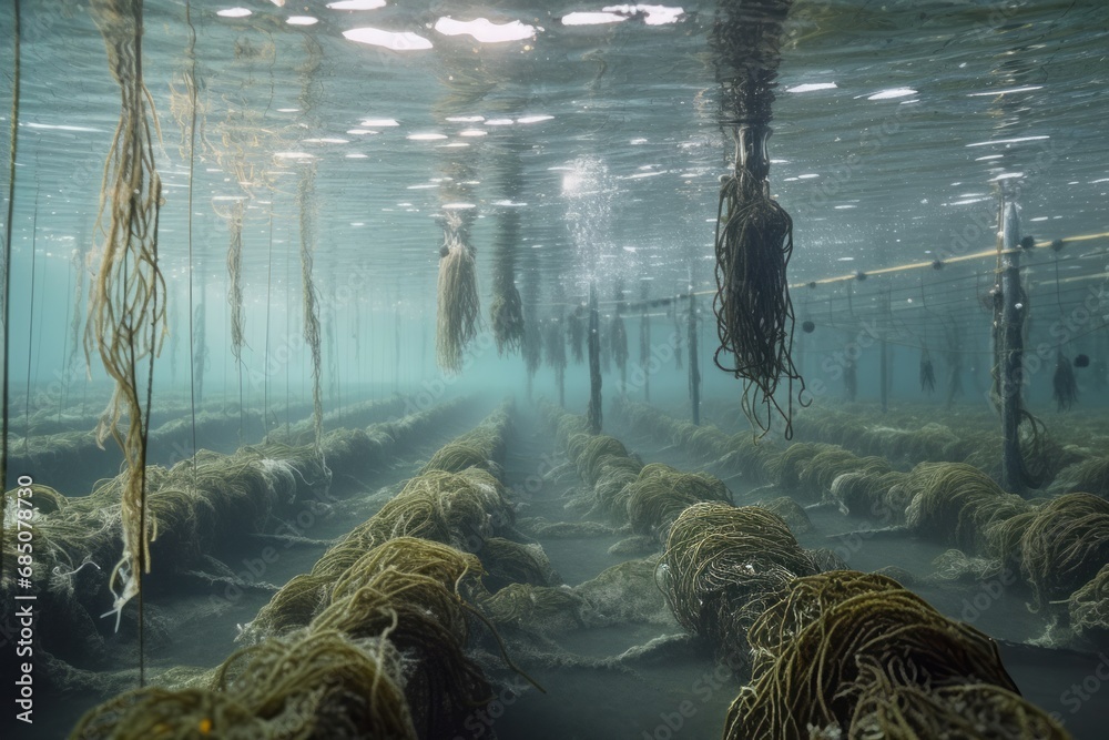 Foto de Underwater mussels farm. Marine aquaculture of collecting ...