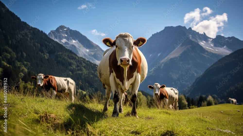 Cows grazing in an open pasture mountain meadows in the background