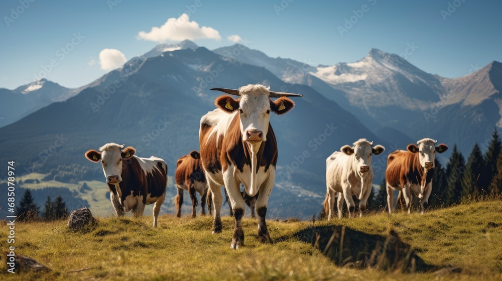 Cows grazing in an open pasture mountain meadows in the background