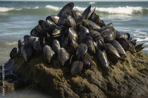 Pile of mussels on sea sand. Seafood mussel on marine coastline habitat. Generate ai