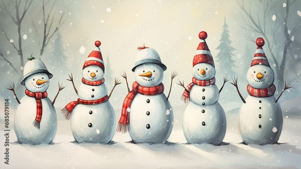 Illustration of a happy snowman family on a snowy background Illustration of a happy snowman family on a snowy background