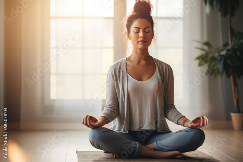 Woman meditating in a peaceful indoor setting. The concept is mindfulness and serenity at home.