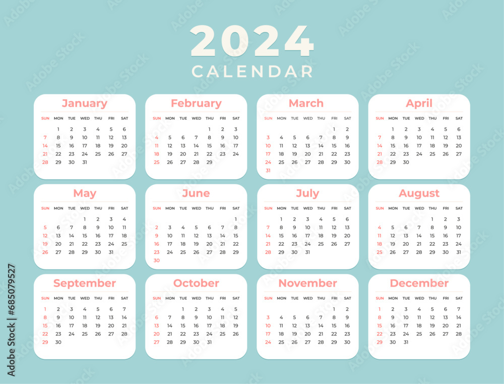 Calendar 2024 design. The week starts on Sunday. Calendar 2024 design. The week starts on Sunday.