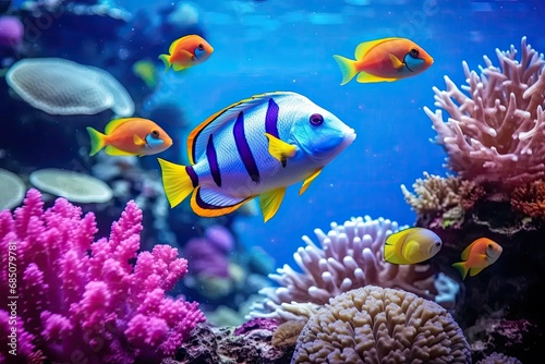 Marine life fish and plants on undersea background, colorful tropical fish and coral reef landscape in the depths of the ocean. Marine life concept, underwater world scene