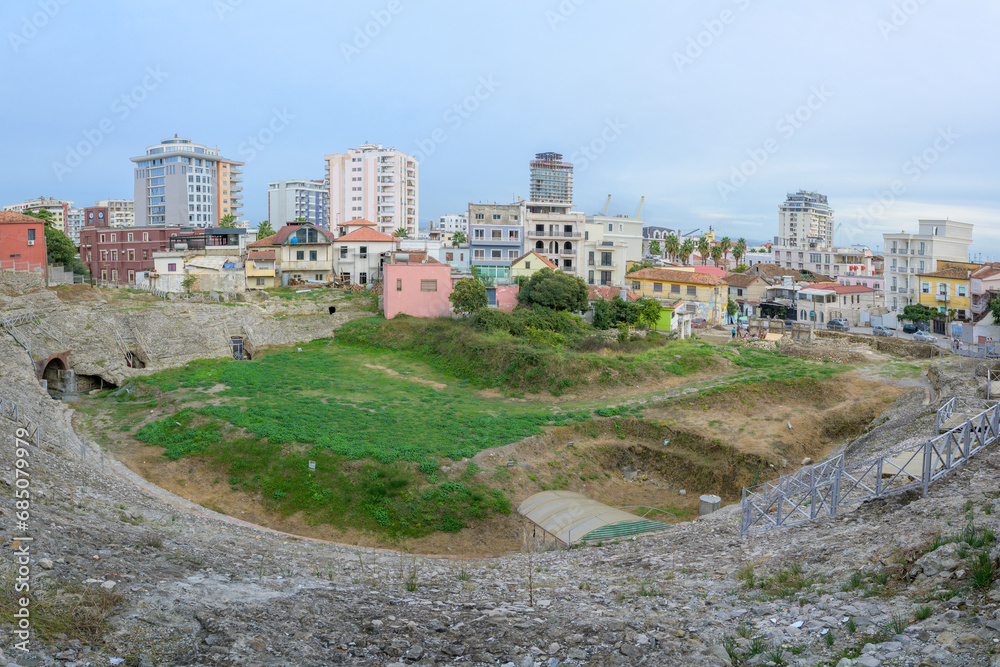 Ruins of the Ancient Roman Amphitheatre in the Center of Durres, Albania