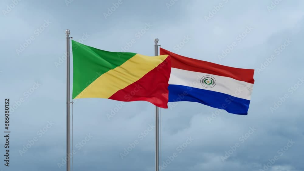 Paraguay flag and Congo-Brazzaville flag waving together on cloudy sky, endless seamless loop, two country relations concept