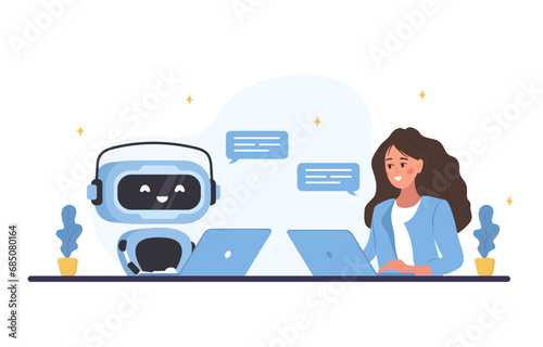 Chatbot concept. Woman talking with robot. AI assistant. Girl asking questions and receiving answers. Online customer support. Artificial intelligence. Vector illustration in flat cartoon style.