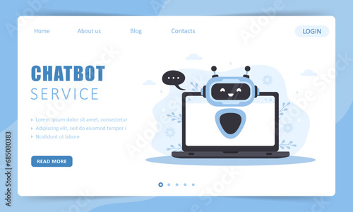 Chatbot service. Landing page template. AI business assistant. Online customer support and FAQ. Artificial intelligence. Vector illustration in flat cartoon style.