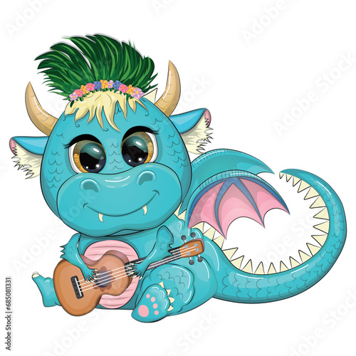 Cute cartoon green baby dragon with ukulele, holiday paraphernalia. Symbol of 2024 according to the Chinese
