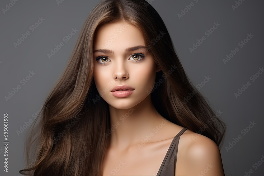 Naklejka premium Beautiful woman face with natural perfect skin and long shiny hair over grey background.