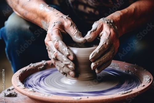 Close-up hands of a potter sculpting a pot, a bowl from raw clay on a potter's wheel in a ceramic workshop. photo