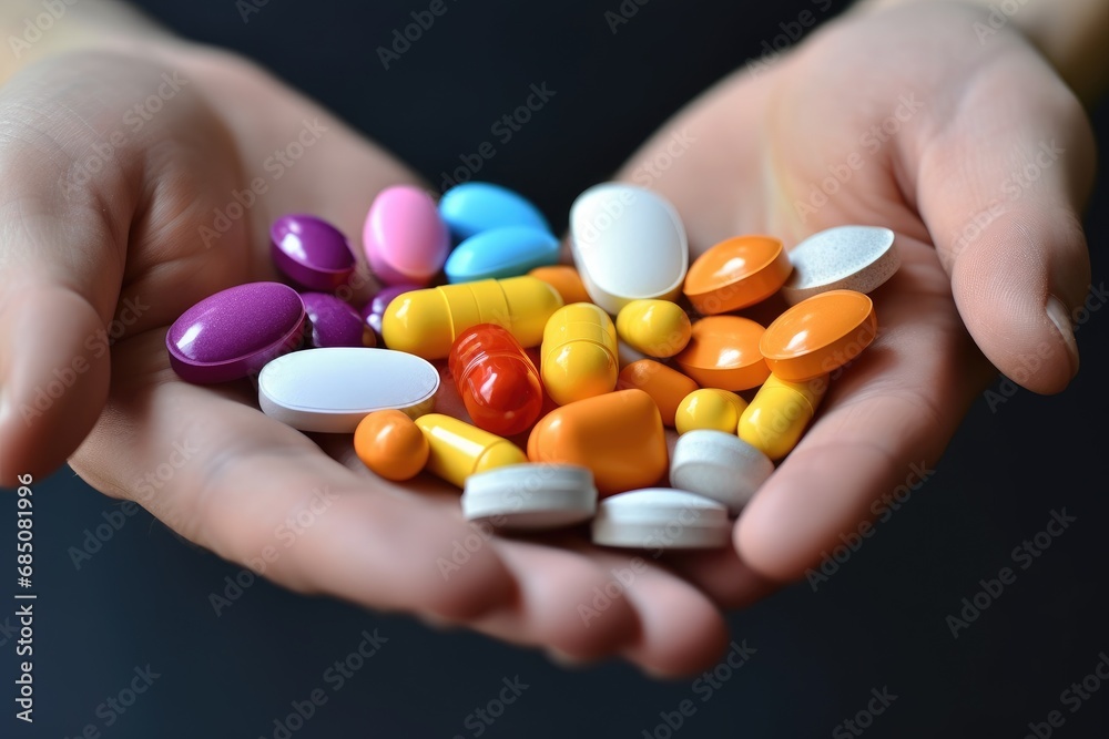 Multi-colored tablets, pills and capsules in the hands.