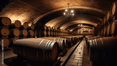 Large wine cellar with long rows of wooden barrels for storing wine, whiskey, beer. An ancient warehouse under castle.