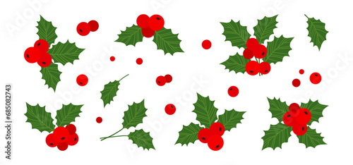 Christmas mistletoe and leaf, winter holly berries vector icon, xmas decoration, red ilex branch isolated on white background. Cartoon holiday illustration