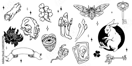 Set of aesthetic mystical elements. Witchcraft elements in doodle style. Isolated esoteric illustrations.