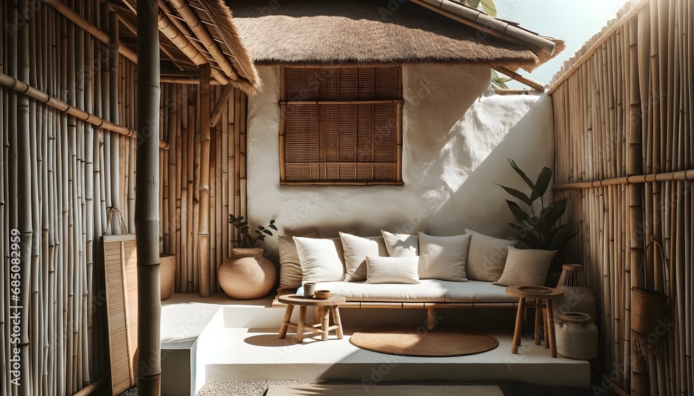 Stylish living room interior with cozy couch, earthen wall and bamboo ceiling, Stylish living room interior with cozy couch, earthen wall and bamboo ceiling,