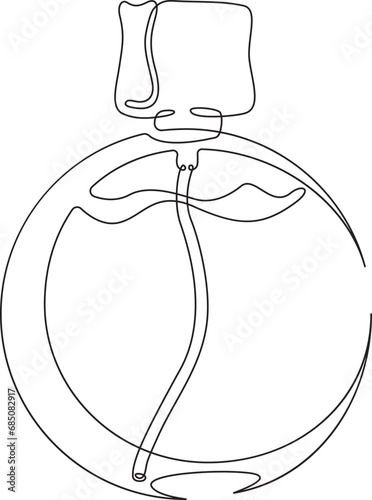 Bottle of perfume. Perfumery.  Case of eau de toilette water. One continuous line drawing. Linear. Hand drawn, white background. One line.