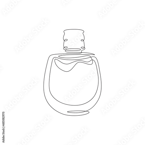 Bottle of perfume. Perfumery.  Case of eau de toilette water. One continuous line drawing. Linear. Hand drawn, white background. One line.