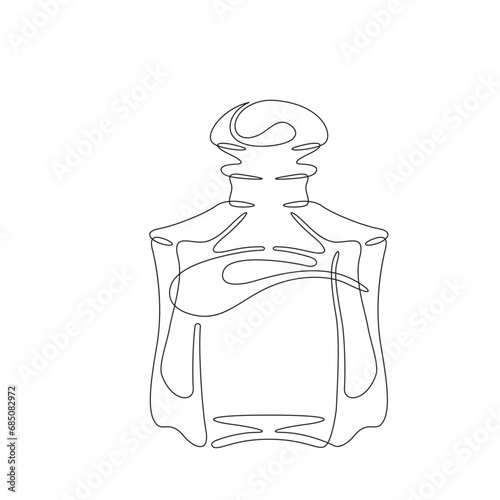 Bottle of perfume. Perfumery.  Case of eau de toilette water. One continuous line drawing. Linear. Hand drawn, white background. One line.