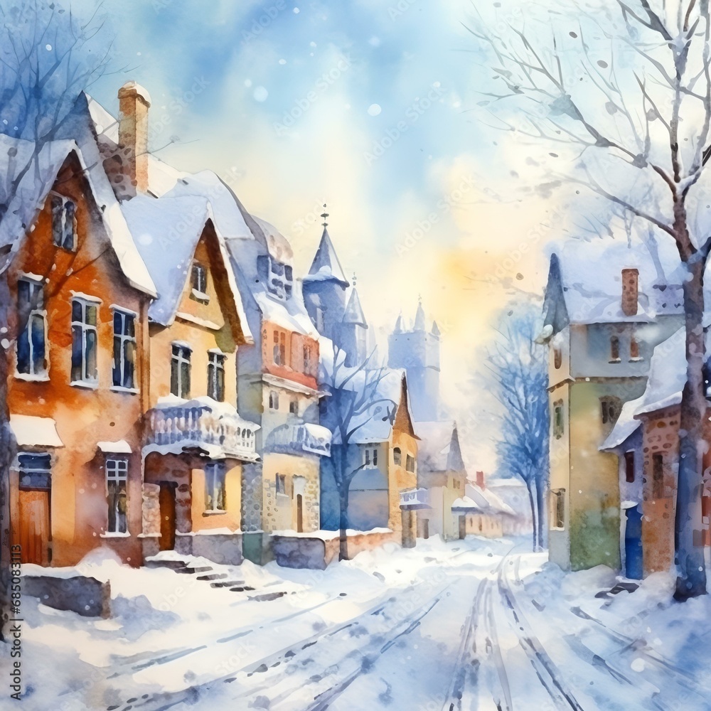 Watercolor Winter Cityscape. Snow-Covered Houses