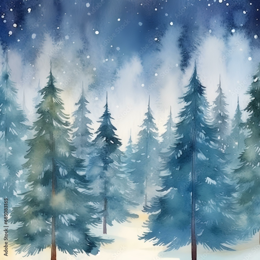 Watercolor Winter Pine Tree Forest Background