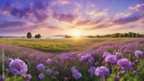 Vibrant sunset over a purple flowers field with a panoramic view © noah