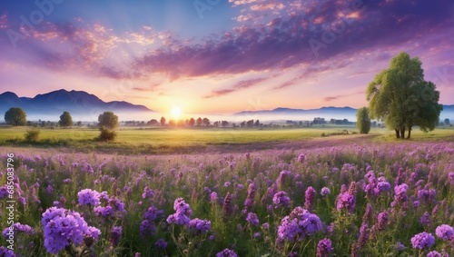 Vibrant sunset over a purple flowers field with a panoramic view 