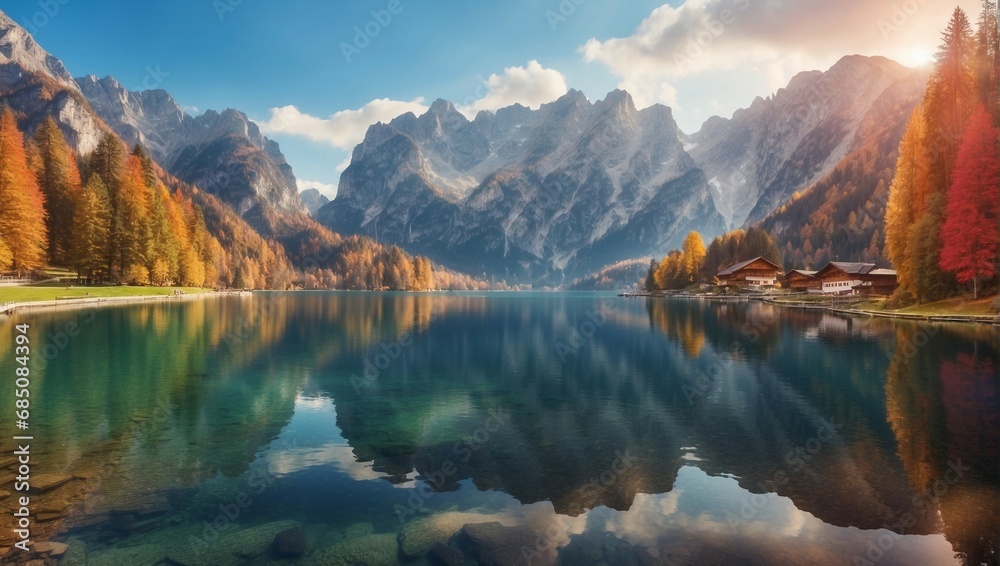 Tranquil autumn mountain landscape with foliage and reflection in lake
