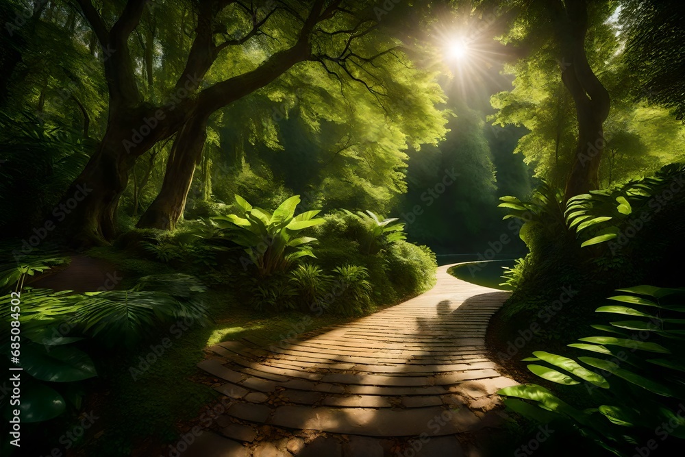 A serene path winding through lush greenery towards a tranquil lake, with sunlight filtering through the leaves creating a magical play of light and shadow.