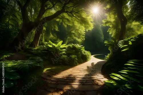 A serene path winding through lush greenery towards a tranquil lake  with sunlight filtering through the leaves creating a magical play of light and shadow.