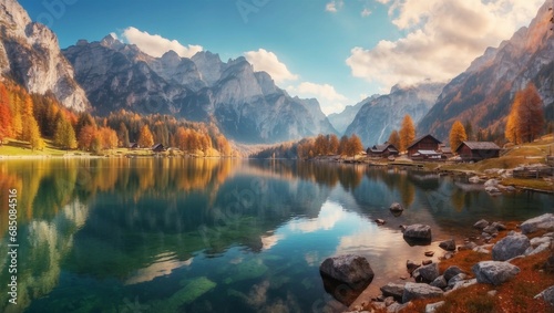Tranquil autumn mountain landscape with foliage and reflection in lake 