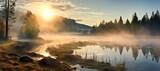 Mystical Reflections: A Serene Lake Shrouded in Enchanting Fog, Embraced by Towering Trees