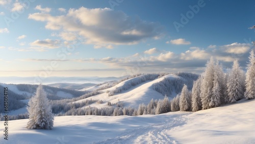 Tranquil Winter Landscape with Frosty Tree and Blanket of Snow 