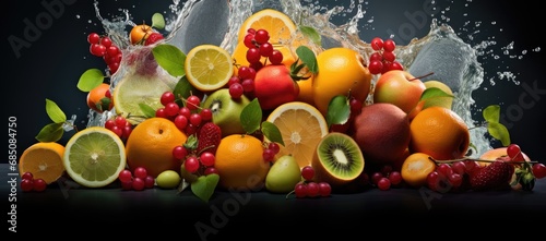 A Colorful Tower of Fresh Fruits  Bursting with Refreshing Water Splashes