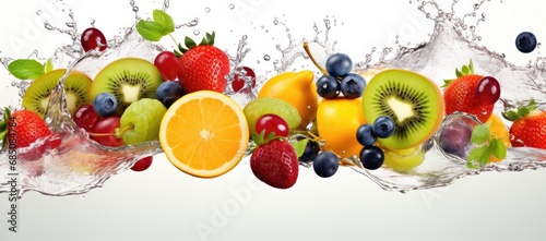 Fruit Avalanche: Colorful Fruits Cascading into Blue Water