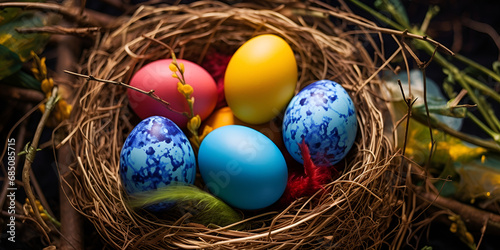    A nest with eggs and a tree branch Colorful Easter eggs in the bird's nest on the woody floor Idea of happy Easter day AI Generative 
 
