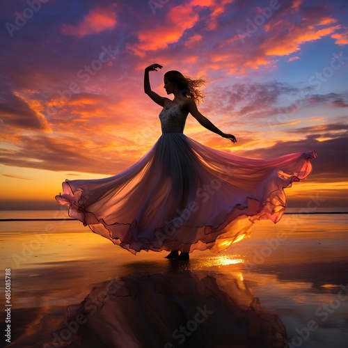 A woman wearing a wedding dress dancing on the beach under a vibrant  multi-hued sunset sky  with the sea reflecting the stunning colors. 