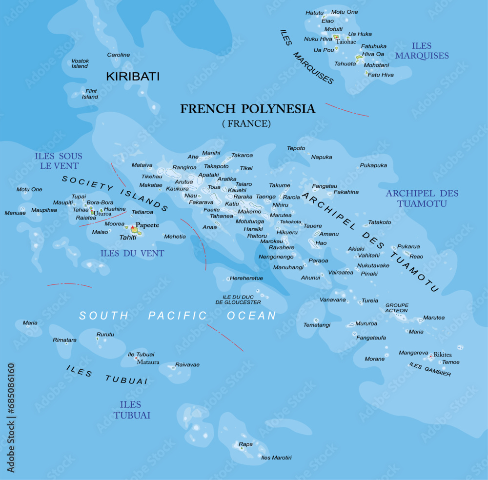 French Polynesia highly detailed physical map - obrazy, fototapety, plakaty 