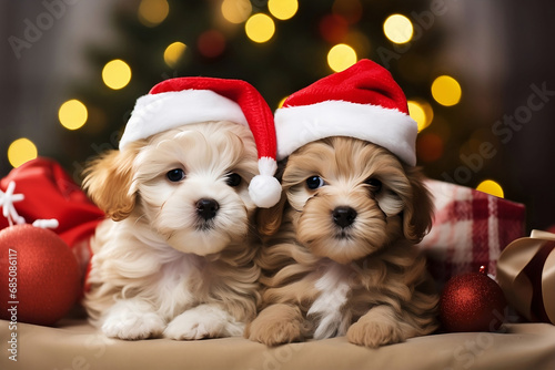 Two Cute Puppies in Santa Hats