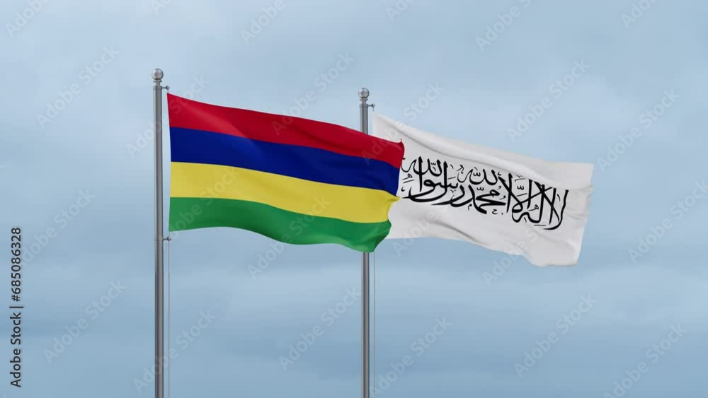 Mauritius flag and Afghanistan flag waving together on cloudy sky, endless seamless loop