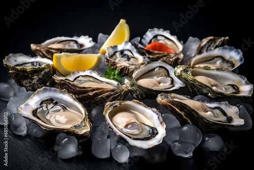 Raw oysters on ice platter. Seafood luxury delicious delicatessen plate with lemon. Generate ai