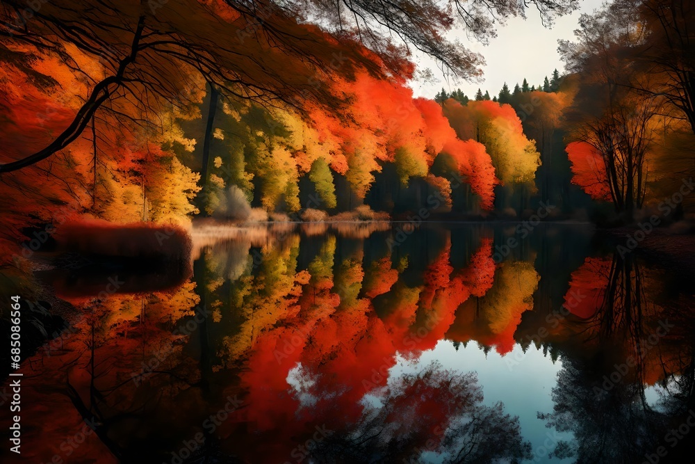 A tranquil lake reflecting the fiery foliage of autumn, the forest path leading you to the water's edge, inviting a moment of quiet admiration.