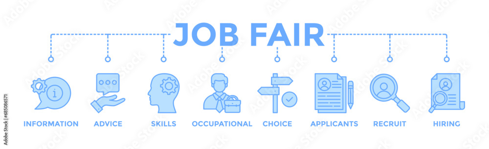 Job fair banner web icon vector illustration concept for employee recruitment and onboarding program with an icon of the information, advice, skills, occupational, applicants, recruit, and hiring Job fair banner web icon vector illustration concept for employee recruitment and onboarding program with an icon of the information, advice, skills, occupational, applicants, recruit, and hiring