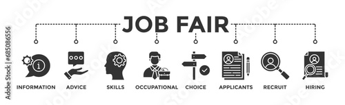 Job fair banner web icon vector illustration concept for employee recruitment and onboarding program with an icon of the information, advice, skills, occupational, applicants, recruit, and hiring