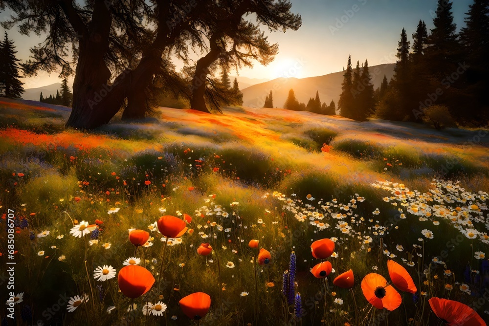 An expansive meadow covered in a riot of wildflowersa?