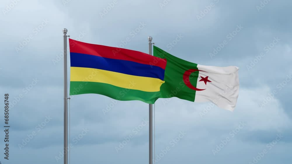 Mauritius flag and Algeria flag waving together on cloudy sky, endless seamless loop Mauritius flag and Algeria flag waving together on cloudy sky, endless seamless loop