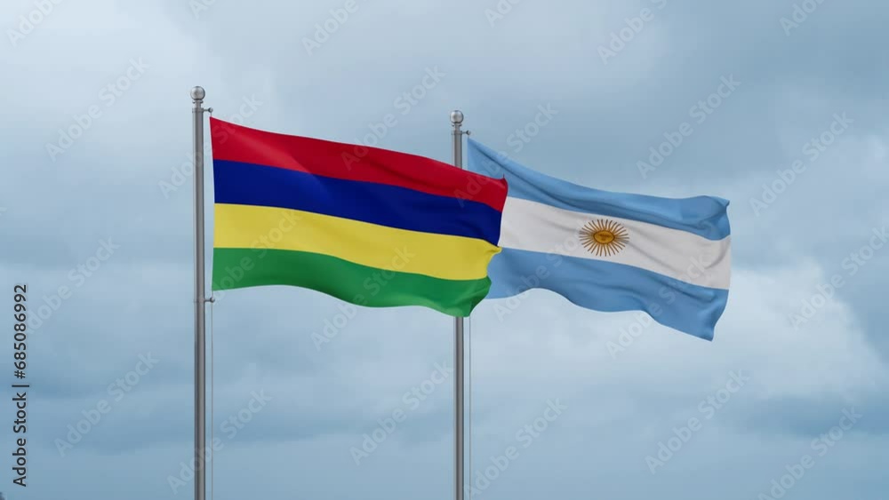 Argentina flag and Mauritius flag waving together on cloudy sky, endless seamless loop, two country relations concept Argentina flag and Mauritius flag waving together on cloudy sky, endless seamless loop, two country relations concept