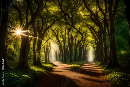 A tunnel of trees forming an enchanting pathway  with the sunlight filtering through  creating a play of shadows and light on the forest path.